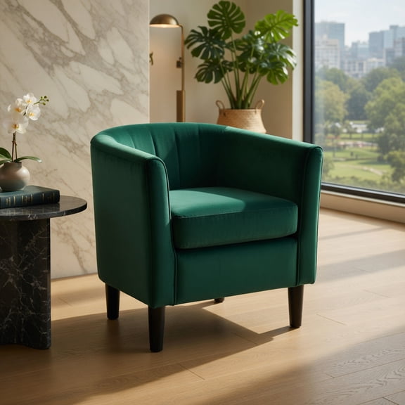 Barara King Modern Comfy Arm Chair with Ottoman and Footrest, Upholstered Teddy Velvet Club Barrel Reading Chair for Living Room, Bedroom, Home Office, Green