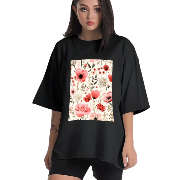 Plus Size Shirt for Women Black Tops for Women Short Sleeves Shirt for Women Vintage Flower T Shirt Crewneck Shirt for Women XS