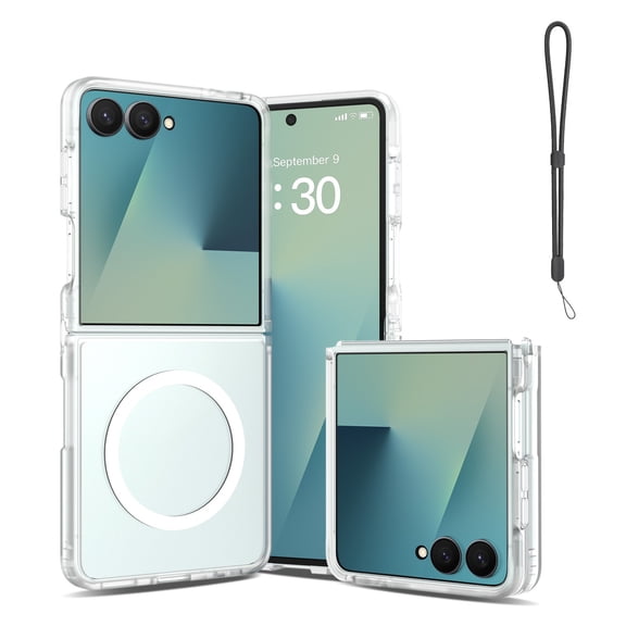 Caseny Case for Samsung Galaxy Z Flip 8 with Wrist Strap, Support Wireless Charging Slim Fit Hard PC Rugged Non-Slip Anti-Fingerprint Shockproof Magnetic Back Cover for Women Men, Clean