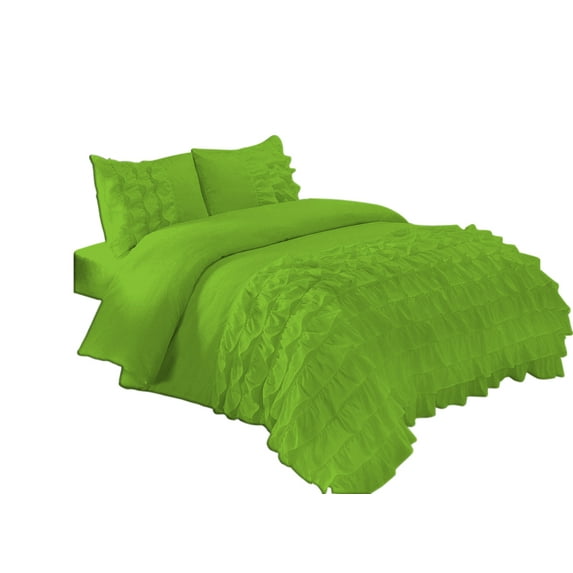 100% Egyptian Cotton 3Pcs Water Fall Half Ruffled Duvet Set - Solid (Parrot Green, Twin/Twin XL)