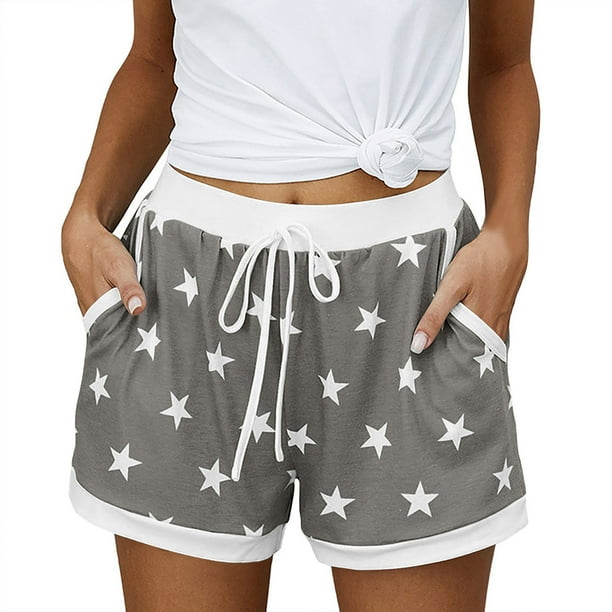 Pantalones Cortos Casuales de Verano para las Mujeres Bolsillo de Cordón de la Estrella de la Moda, Pantalones de Cintura Elásticos para Dormir en el Hogar