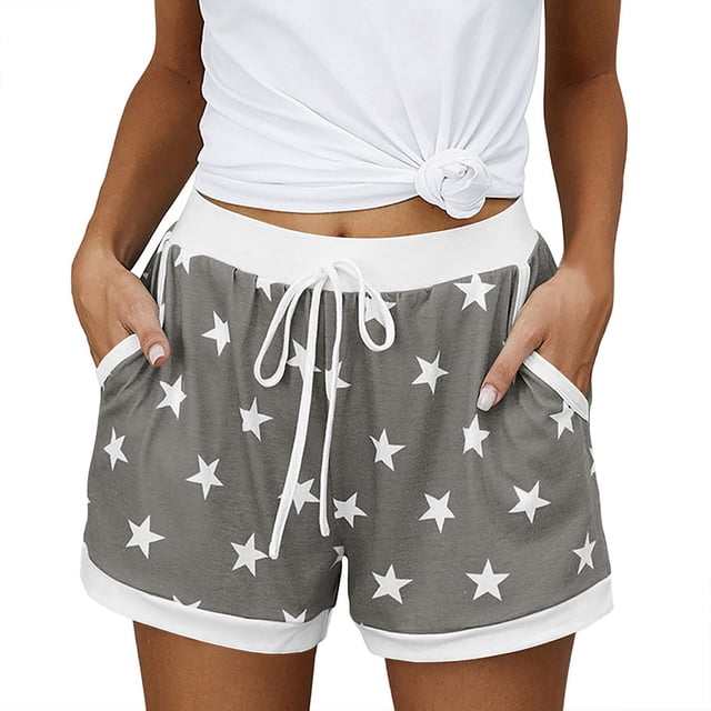 Pantalones Cortos Casuales de Verano para las Mujeres Bolsillo de Cordón de la Estrella de la Moda, Pantalones de Cintura Elásticos para Dormir en el Hogar