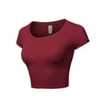 thumbnail image 2 of A2Y Women's Basic Solid Printed Scoop Neck Cap Sleeve Fitted Crop Rayon Top Tee Shirt Burgundy L, 2 of 4