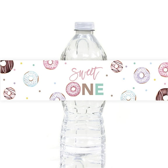 Koyal Wholesale Donut 1st Birthday Waterproof Water Bottle Labels, Sweet One First Birthday Favor Water Bottle Wraps
