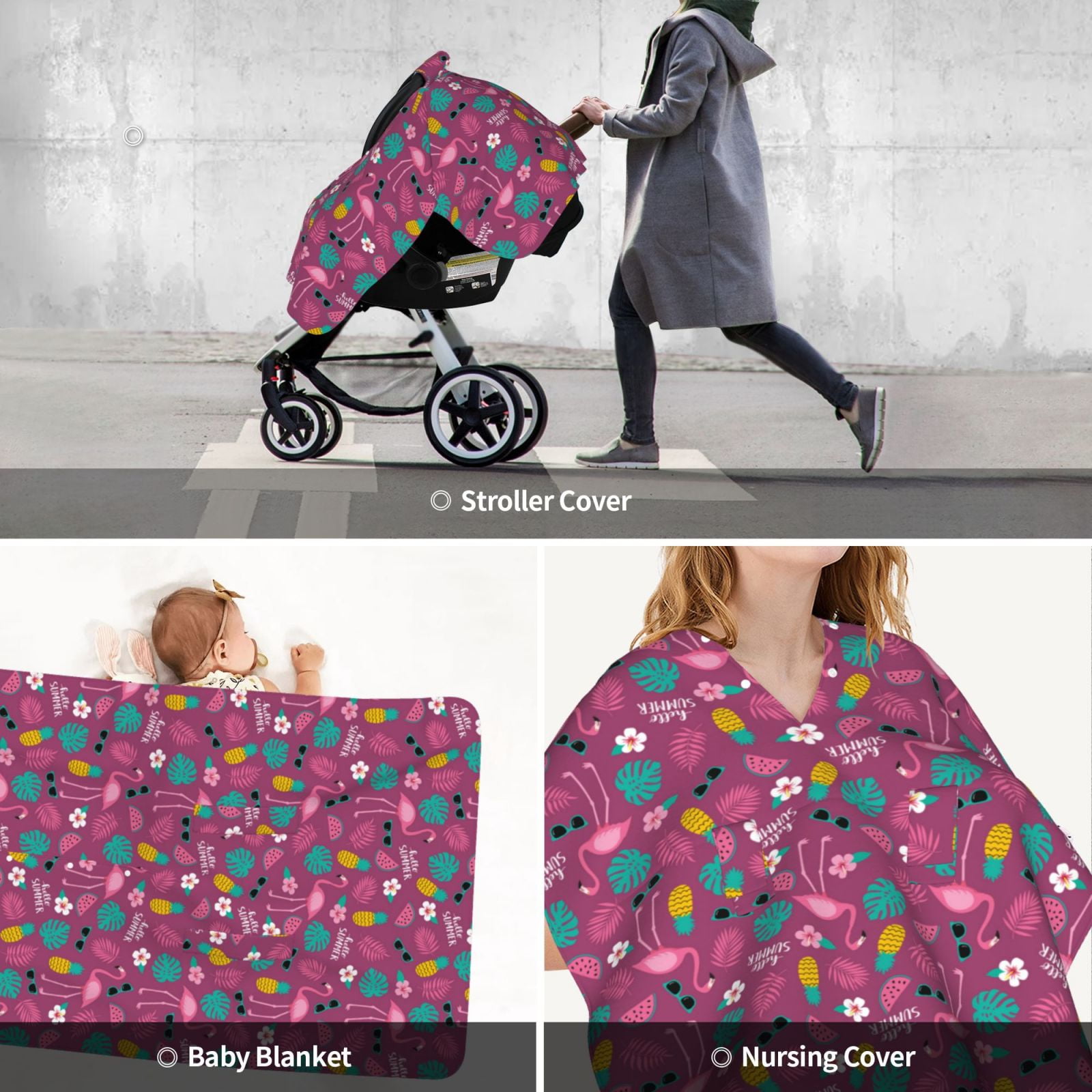 Car Seat Cover Baby - Summer Flamingo Breathable Infant Car Seat Cover for Baby Carseat, Lightweight Comfort Baby Essentials Must Haves Newborn Stuff for Girl Boy