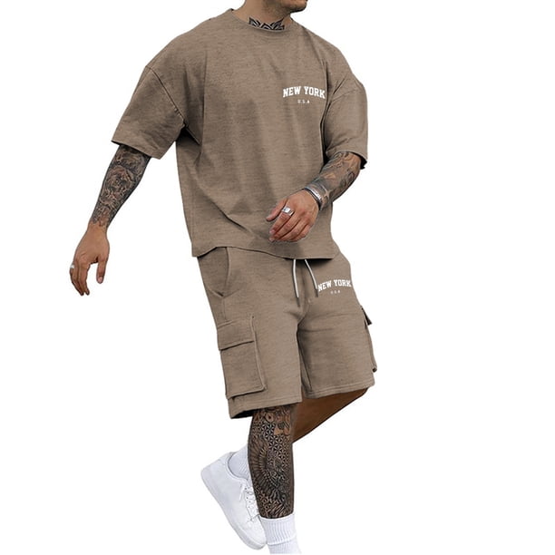 Playeras Cuello V Para Hombre, Conjunto De Dos Piezas De Camiseta Y Pantalones Cortos De Manga Corta Con Estampado Masculino, Camisa Estampada Y Pantalón Corto.