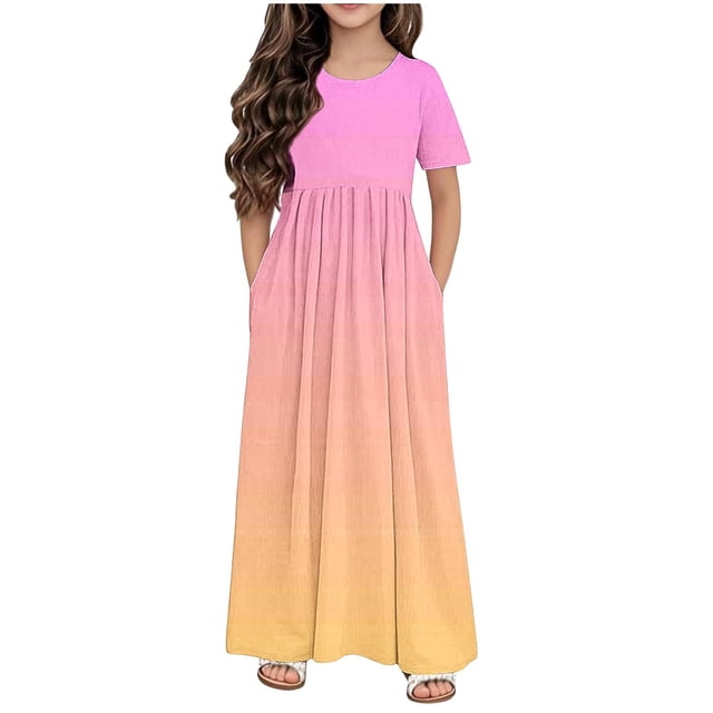 Robe avec Poches pour Filles - Dégradé à Manches Courtes, Col Rond, Jupe Longue Décontractée pour Adultes