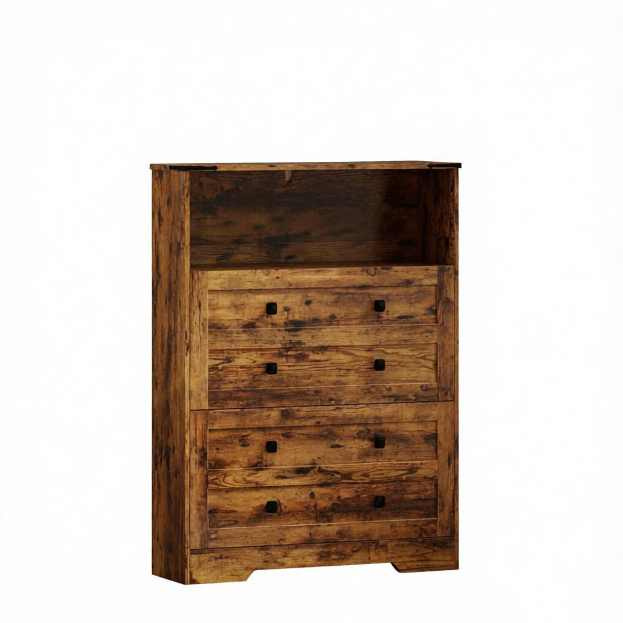 Narrow Shoe Storage Cabinet, 2 Flip Drawers Design, Space-Saving Shoe Rack, Rustic Brown