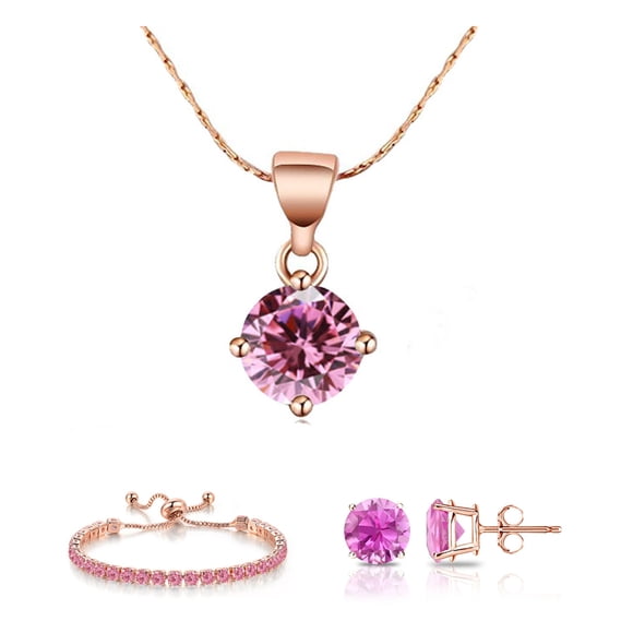 Paris Jewelry 18K Rose Gold 6 Ct Round Created Pink Sapphire Set of Necklace, Earrings and Bracelet Plated