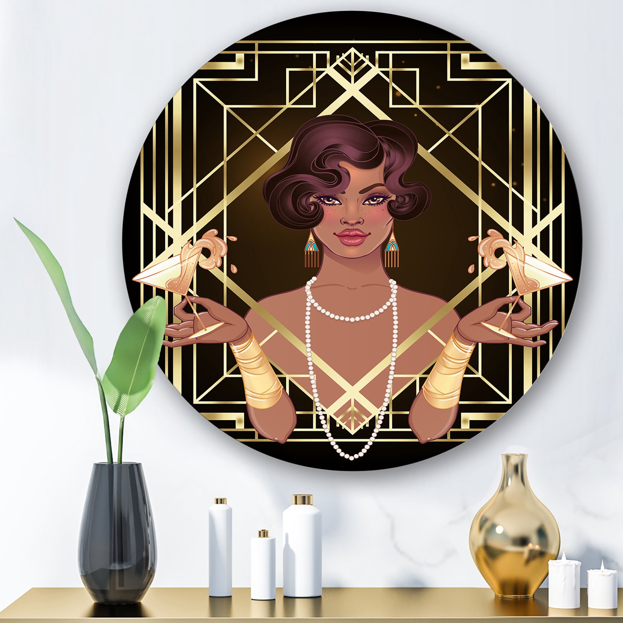 Designart 'Retro Girl In Golden Art Deco Geometrics I' Modern Circle Metal Wall Art 23x23 - Disc of 23