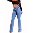 thumbnail image 1 of Pantalones Vaqueros de Cintura Alta para Mujer, Elásticos, de Corte Acampanado y con Cinturilla Elástica. Azul L, 1 of 8