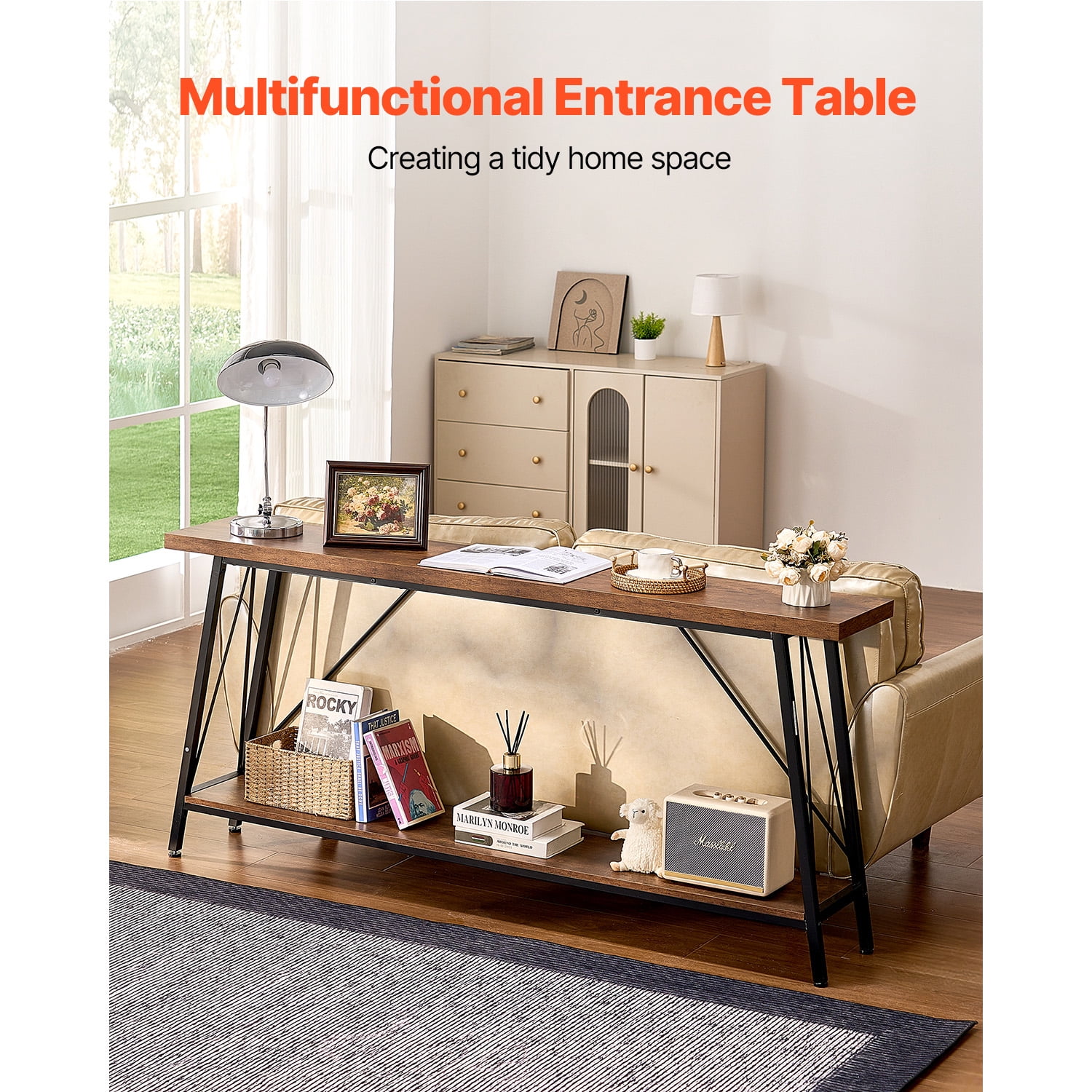 KFFKFF Slim Profile Sofa Console, 70.9 inches Long Table for Behind Couch, Dual-Level Entryway Stand and Slender Hallway Furniture, Thin Sofa Table with Metallic Structure, Suitable for Foyer