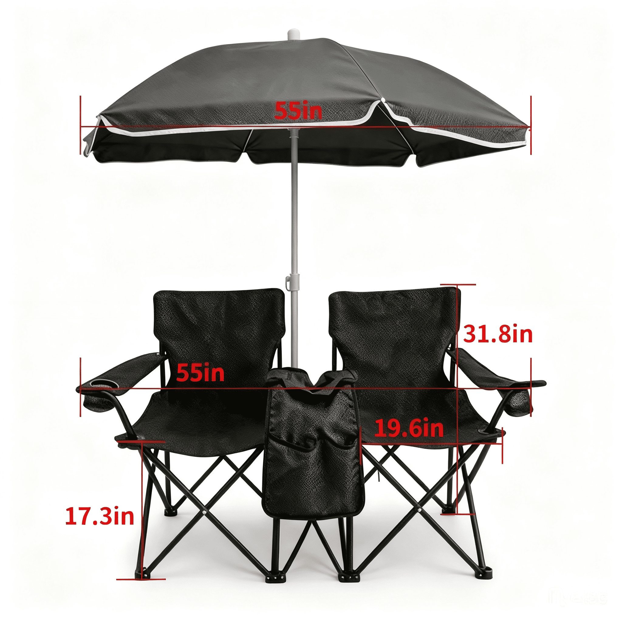 Portable Folding Picnic Chair Set with Umbrella, 2-Person Outdoor Camping Chairs Cup Holders, Foldable Beach Chair Set for Patio, Camping, Backyard, Black