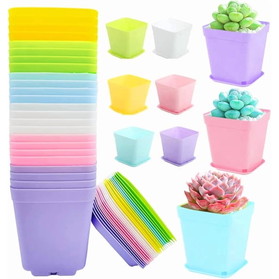 24Pack 3 Inch Plastic Plant Pots,Square Seedling Nursery Pots Succulent Flower Planter Container with Saucers for Garden,Room,Office,Balcony Decor,Multicolor