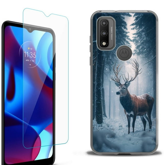 Slim-Fit Fashion Phone Case for Motorola Moto G Pure, with Tempered Glass Screen Protector, by OneToughShield ® - Deer Winter
