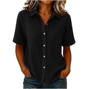 Jerdar Womens Short Sleeve Flared Front Button Down Shirts With Back Pleats Dressy Casual Summer Tops Trendy Business Shirts L