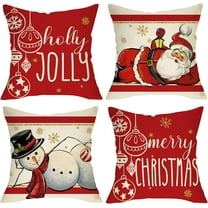Merry Christmas Santa Claus Decorative Throw Pillow Covers 18 x 18 Set of 4, Xmas Holly Jolly Snowman Ornaments Porch Outdoor Home Decor, Red White Stripes Snowflakes Winter Holiday Cushion Case