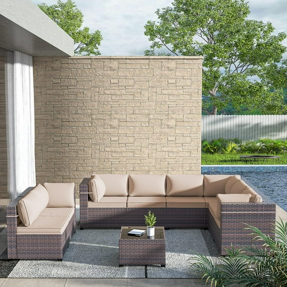 ASJMR 9 Pieces Outdoor Patio Furniture Set All-Weather Rattan Wicker Conversation Outside Sectional Sofa Chair Sets with Coffee Table and Brown Cushions