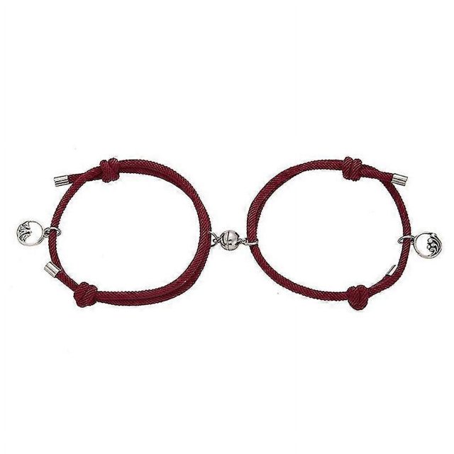 2pcs Magnetic Bracelet Adjustable Couple Gift Alloy Couple Rope Braided Bracelet For CoupleWine Red