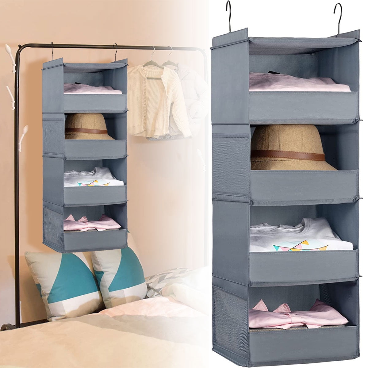 3 4 Tier Hanging Wardrobe Organizer Collapsible Closet Hanging Shelves with Side Pocket Sturdy Durable Hanging Closet Organizers for Closet Bedroom Nursery RV 11.8 x 11.8 x 26.8inch Walmart