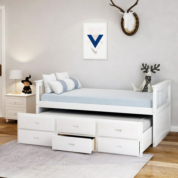 Merax Solid Wood Captain Bed With Trundle And Drawers Twin