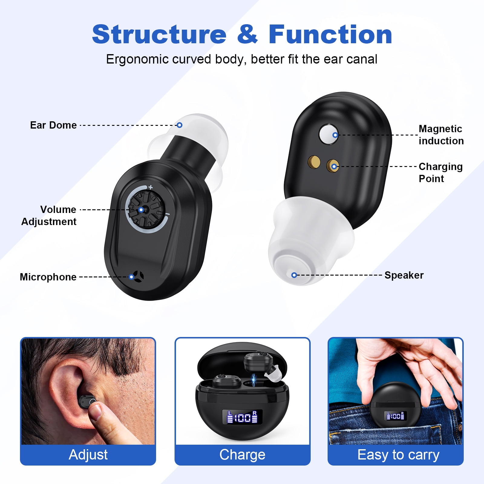 SUWU Hearing Aids, Digital Rechargeable Hearing Aids for Seniors with Noise Cancelling, Hearing Assist Device for Hearing Loss, Mini CIC In Ear Hearing Amplifiers with Display Charging Case