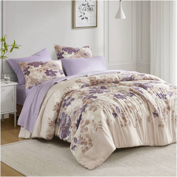 JERFIT Taupe Floral Comforter Set King, 7-Piece Bed in a Bag with Sheets and Pillowcases, Diamond Quilted Bedding Set