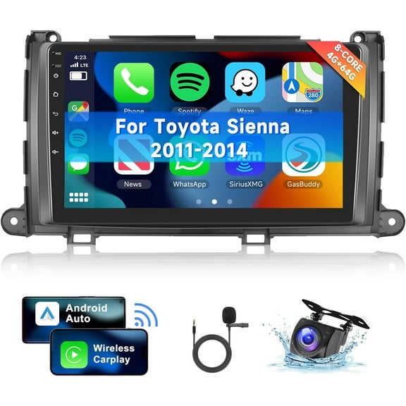[8 CORE 4G 64G] for Toyota Sienna 2011-2014 Car Radio with Wireless Carplay/Android Auto, 9 Inch Android 13 IPS Touch Screen Car Stereo, Bluetooth, GPS, WiFi, SWC, DSP   HD Backup Camera