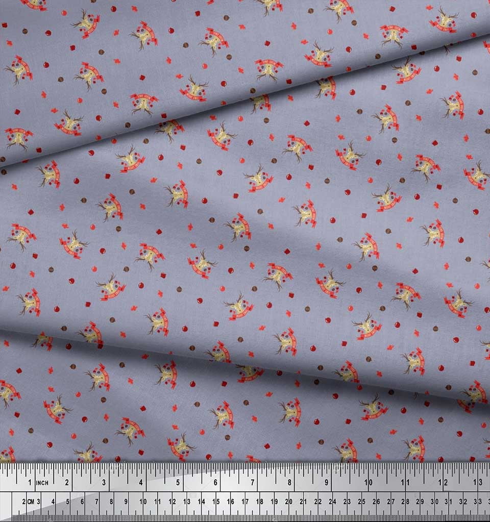 Soimoi Grey Poly Georgette Fabric Reindeer Face & Baubles Christmas Print Fabric by the Yard 52 Inch Wide