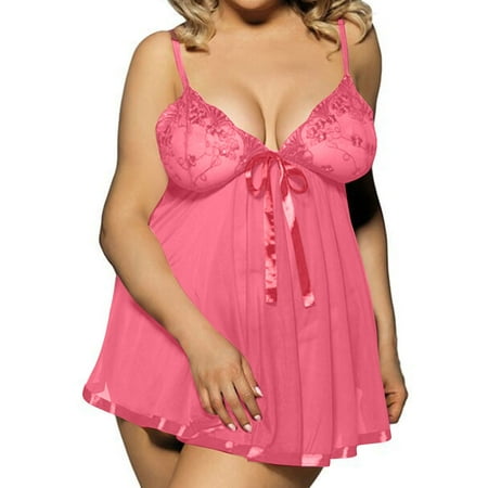 

YDKZYMD Hot Pink Sexy Lingerie for Women Lace Nightgown Sexy Babydoll Plus Size Mesh Bow See Through Teddy Sleepwear 3XL