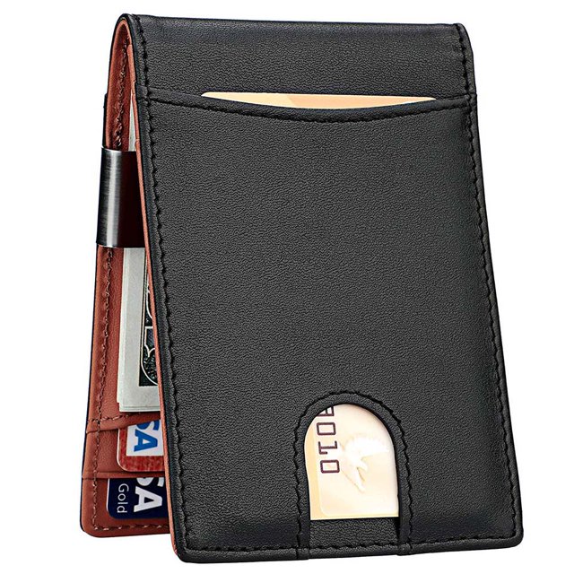 Tarjetero de bolsillo frontal con clip para billetes Billetera plegable delgada con protección RFID para hombre