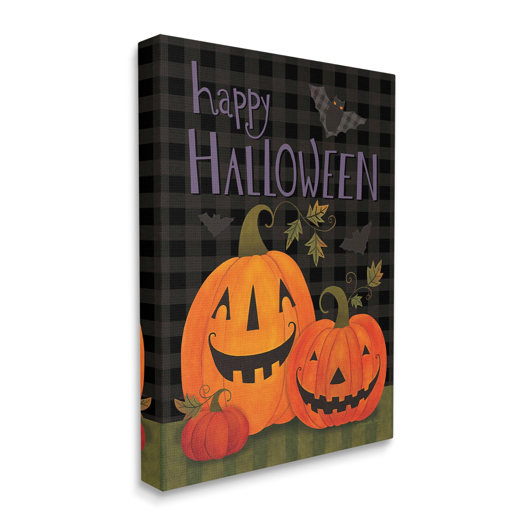 Stupell Industries Pumpkins & Bat on Plaid Holiday Painting Gallery Wrapped Canvas Art Print Wall Art, 30 x 40
