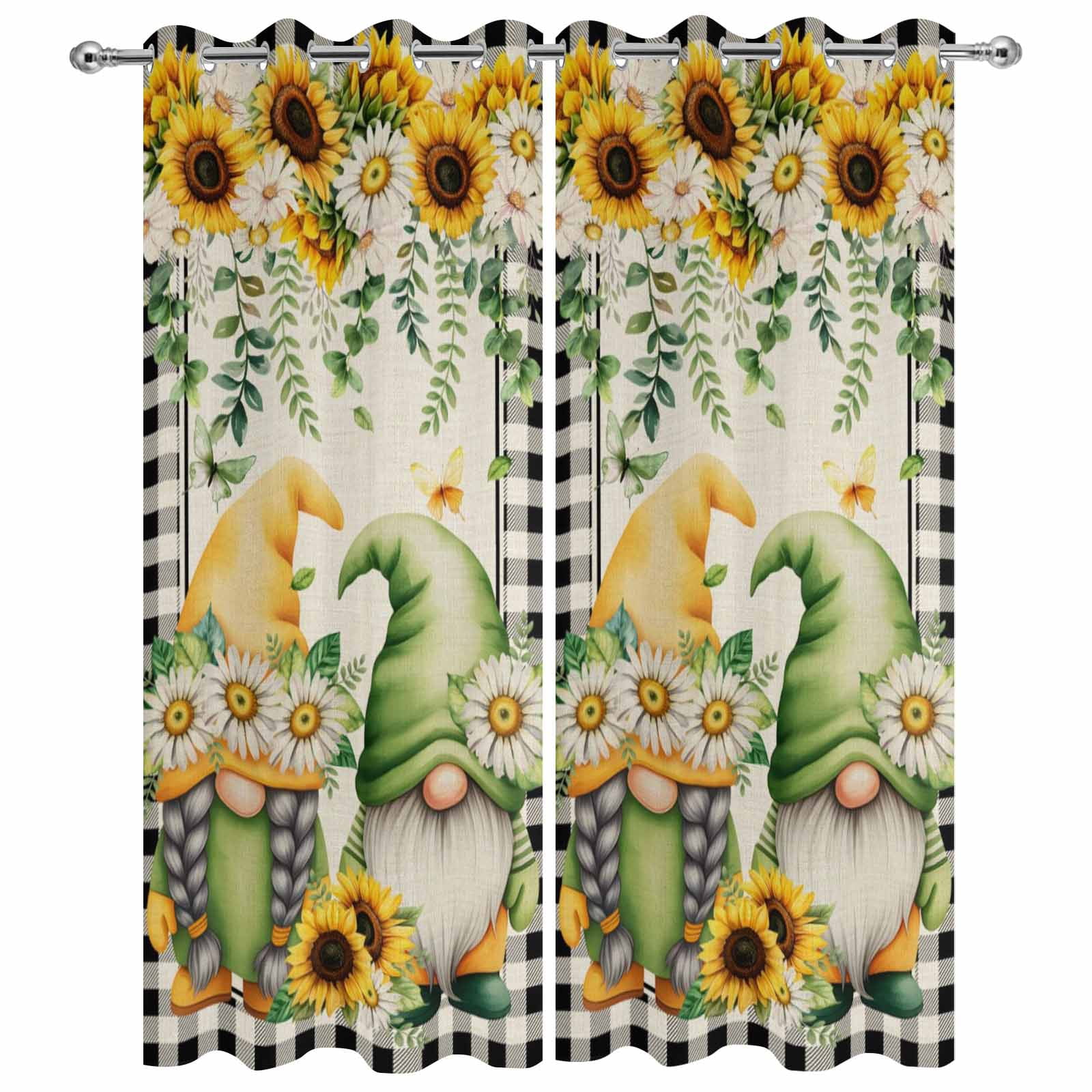 2 Panels Outdoor Curtains for Patio Waterproof 54"x84" Sunflower Gnomes Weatherproof Privacy Outsides Curtains, Spring Farmhouse Vintage Daisy Floral Leaf Grommet Thermal Drapes for Cabana Porch