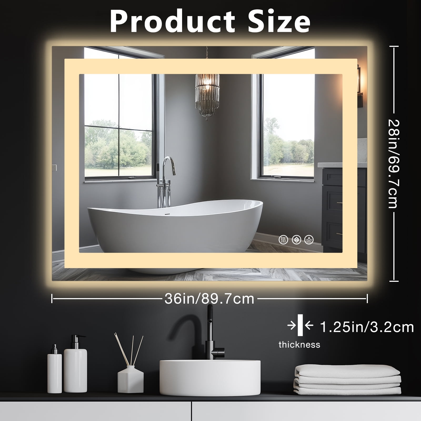 Gianna 28"x 36" LED Bathroom Mirror with Anti-Fog and Backlit Memory Function Tempered Glass