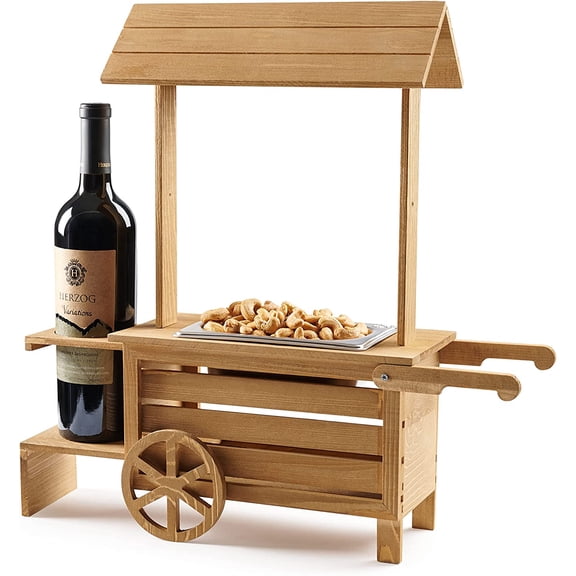 Sprightly Tabletop Bottle Cart, Wooden Wine Bottle Holder Stand with Snack Serving Tray & Nut Warmer