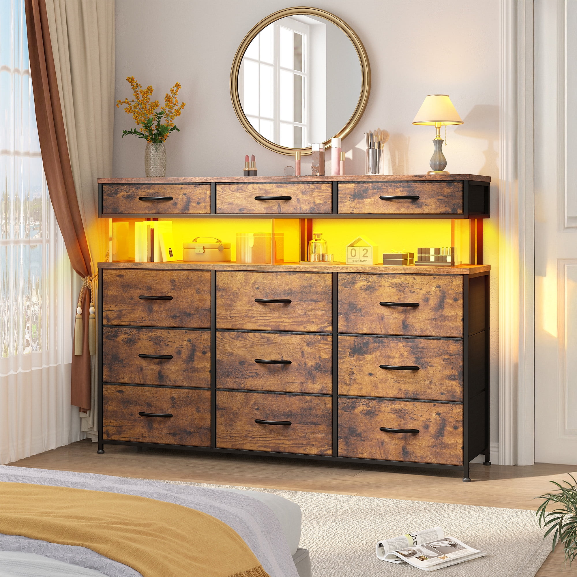 EnHomee Dresser for Bedroom with 12 Fabric Drawers Dresser with LED Lights and Charging Station Chest of Drawer for Entryway,Living Room,Closet,Rustic Brown