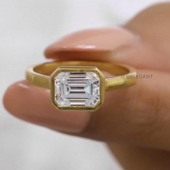 Jewelegant 2 Carat Emerald Moissanite Diamond Solitaire Ring - Emerald Diamond Bezel Set Engagement Ring - Art Deco Cathedral Wedding Ring