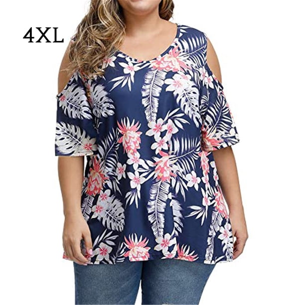 Camisa de mujer Blusa estampada con hombros descubiertos y manga corta con cuello en V, Azul marino, 4XL Kearding AP002468-24