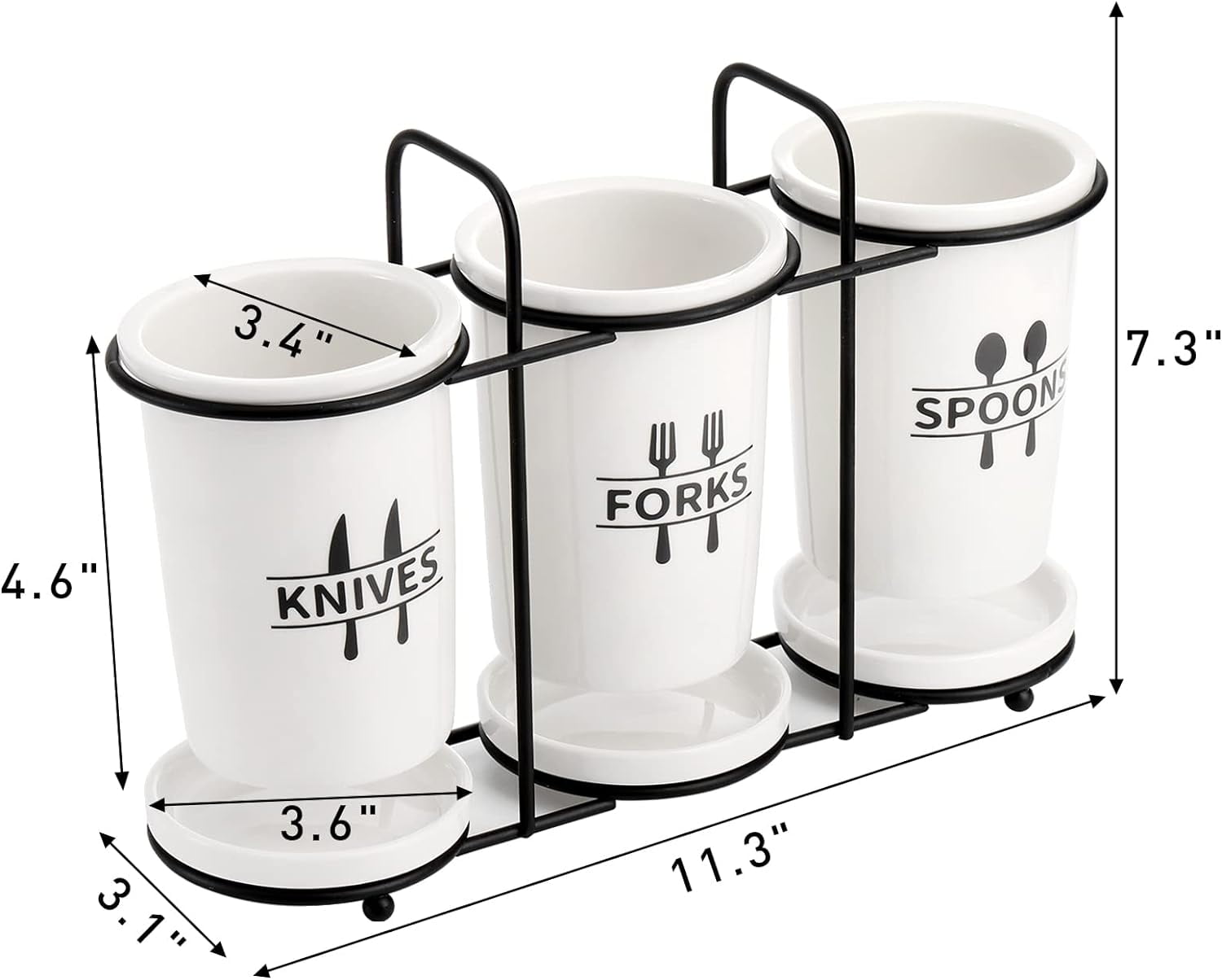 Flatware Holder, 3-Piece Silverware Utensil Holder Ceramic Flatware Caddy with Metal Rack, Flatware Caddy White Ceramic Cutlery Organizer for Forks, Spoons, Knives$$Home Decor, Kitchen, & Other
