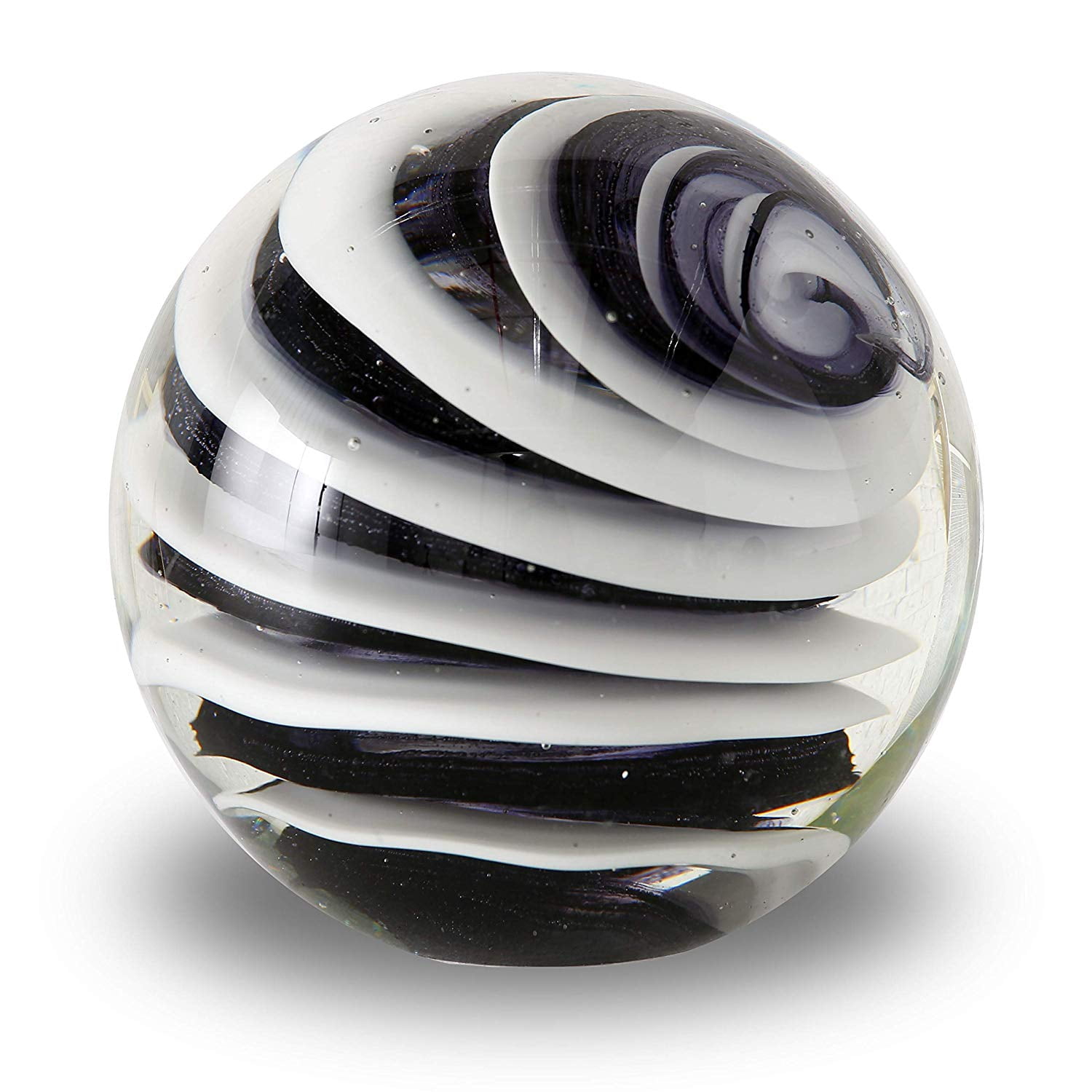 Swirl Ball Paperweight, Black and White, Hand Crafted Art Glass Orb, 3