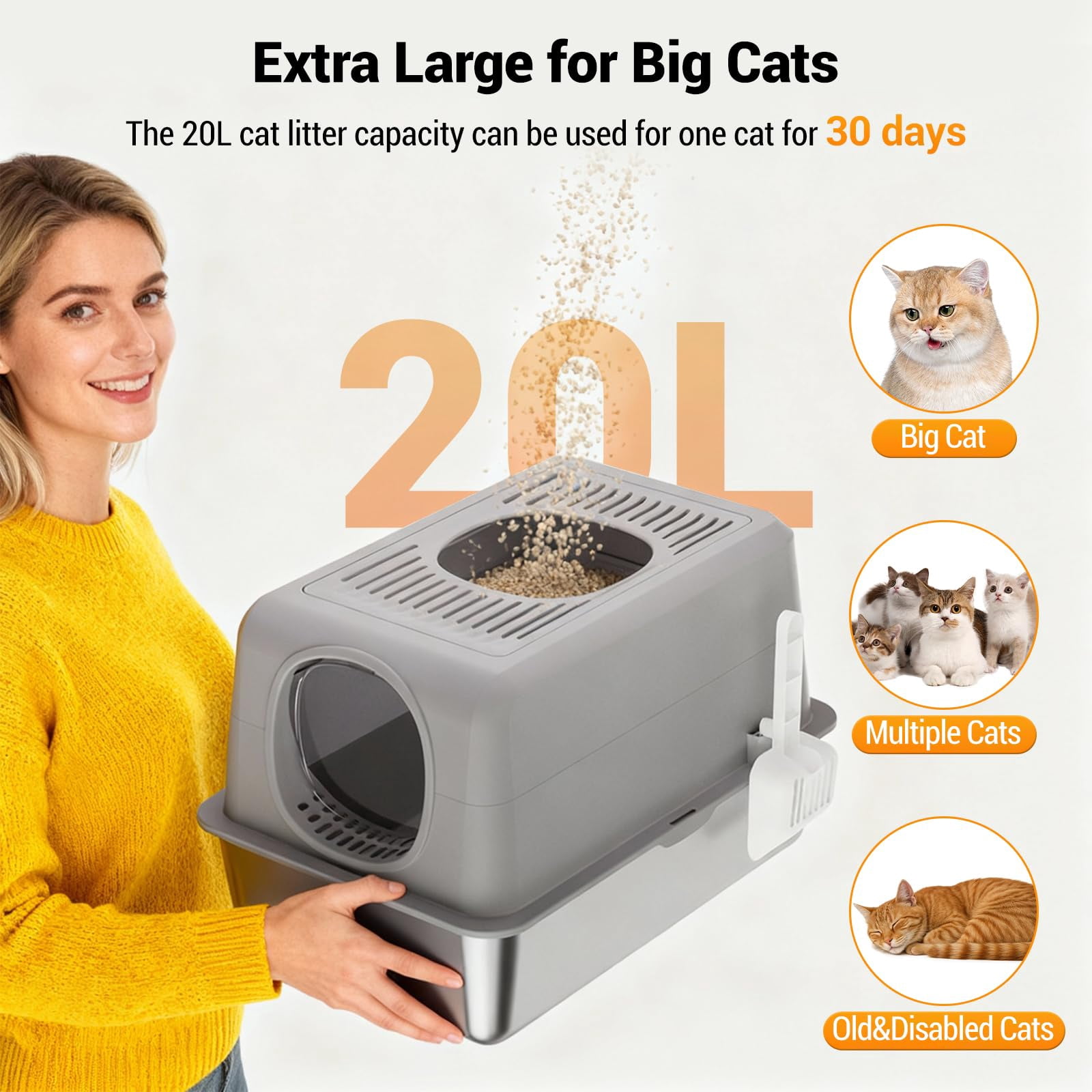 XL Enclosed Stainless Steel Cat Litter Box - Large 60x40x38cm Litter Box, 20L Capacity with Lid and Scoop, Double Entry Design, Hygienic and Odor-Free for Large Cats, Grey,3PCS