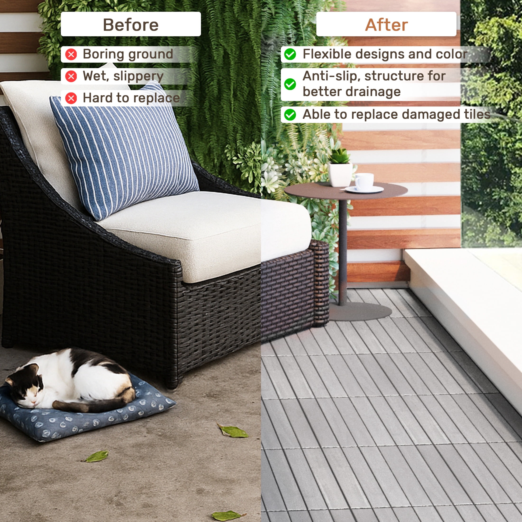 Noble House 12" Striped Acacia Wood Interlocking Square Deck Tiles, Weather Resistant Outdoor Flooring, Gray, 10 PCS