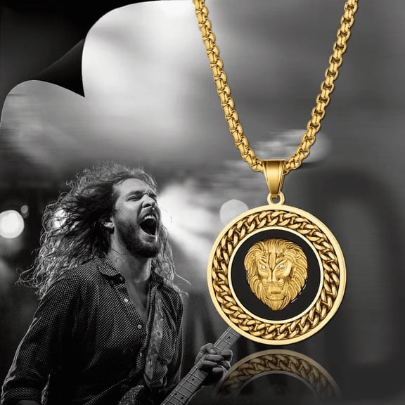 14K Gold Filled 3D Round Lion‑head Medallion Pendant Chain, Ferocious‑vibe Rock‑rapper‑inspired Statement Jewelry For Men Women