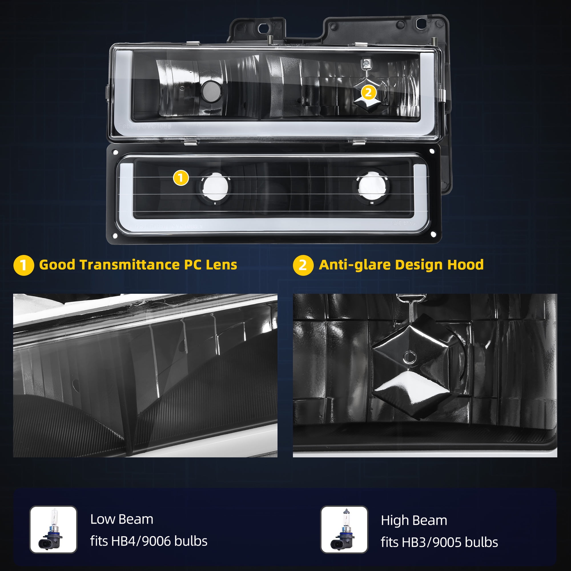 RVNI [U-LED DRL] Headlight+Bumper Lamps For 1990-1999 Chevy GMC C/K C1500 C2500 C3500