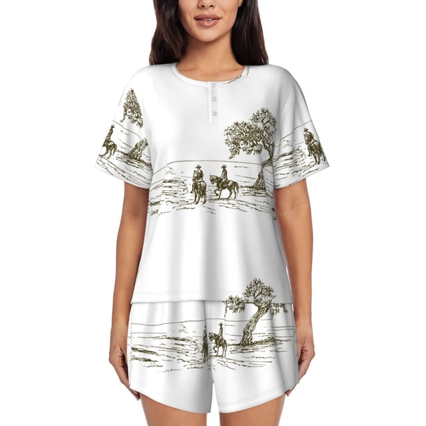 Balery Cowboys Riding A Horse Near A Tree Conjunto de Pijama para Mujer con Estampado, Dos Piezas de Manga Corta y Shorts, Ropa de Dormir Suave con Cuello Redondo y Bolsillos-X-Large
