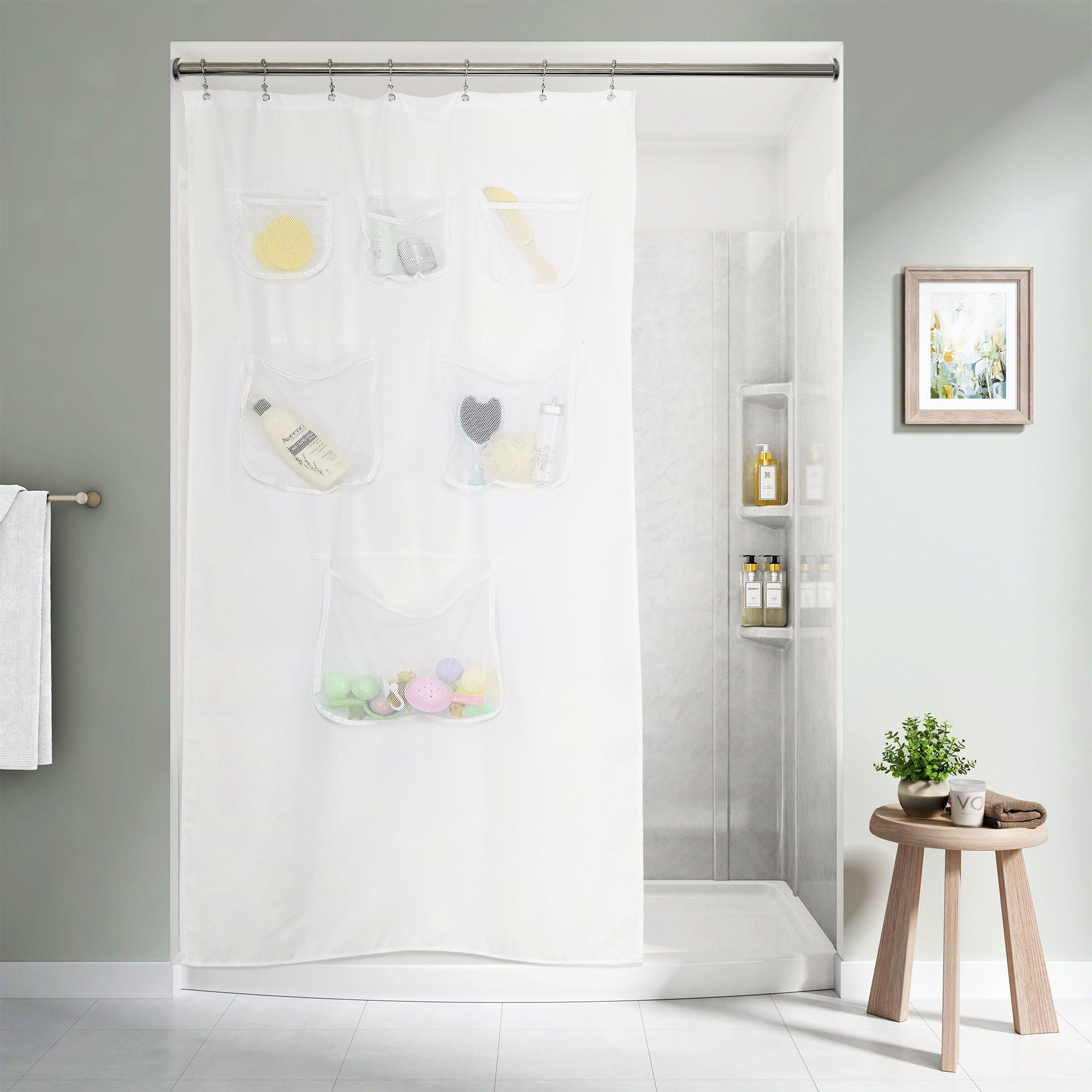 Barossa Design Fabric Stall Shower Curtain Liner with 6 Mesh Pocket