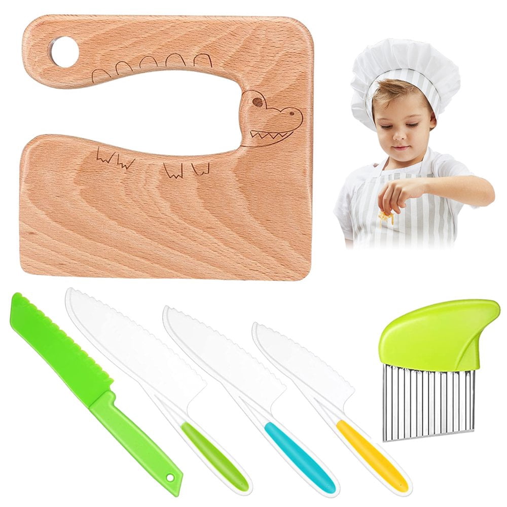 PENGXIANG 6PCS Wooden Kids Knife Play Set Safe Plastic Toddler Knife Set Potato Slicers Serrated Knives
