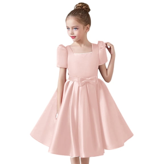 XQYLOS Flower Girl Dress Satin Square Neck Short Sleeve A Line Bridesmaid Pageant Formal Gown Elegant Party Dress Wedding Guest First Communioš Baptism Princess Girls