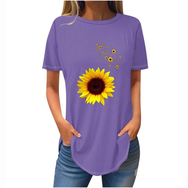 Tops de Verano de las Mujeres Suelto Ajuste Girasol Impresión Cuello Redondo Suelto 3/4 Manga Superior, Tops de Moda de las Mujeres