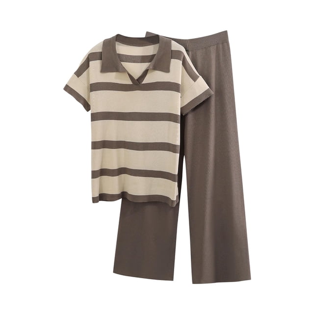 Pantalones Casuales de Mujer Cuello Redondo Manga Corta Tops Y Elástico de la Cintura Pantalones Largos Conjuntos, Desgaste Casual